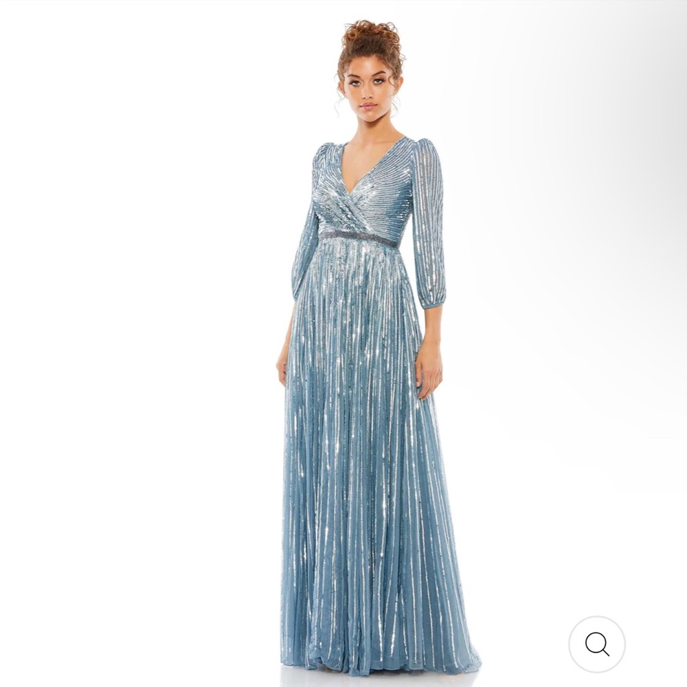 Mac Duggal SEQUINED WRAP OVER 3/4 SLEEVE GOWN. Style # 5509